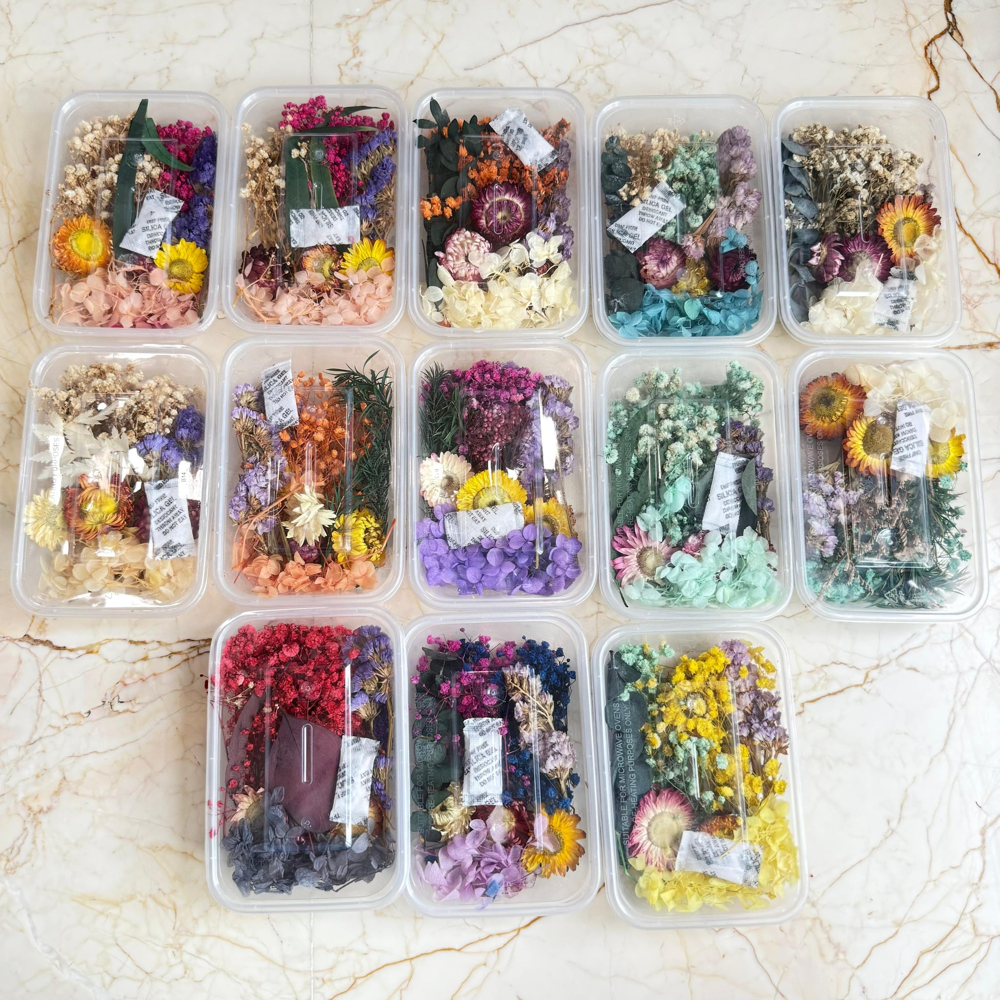 Assorted dried flower arrangements in clear containers on a marble surface